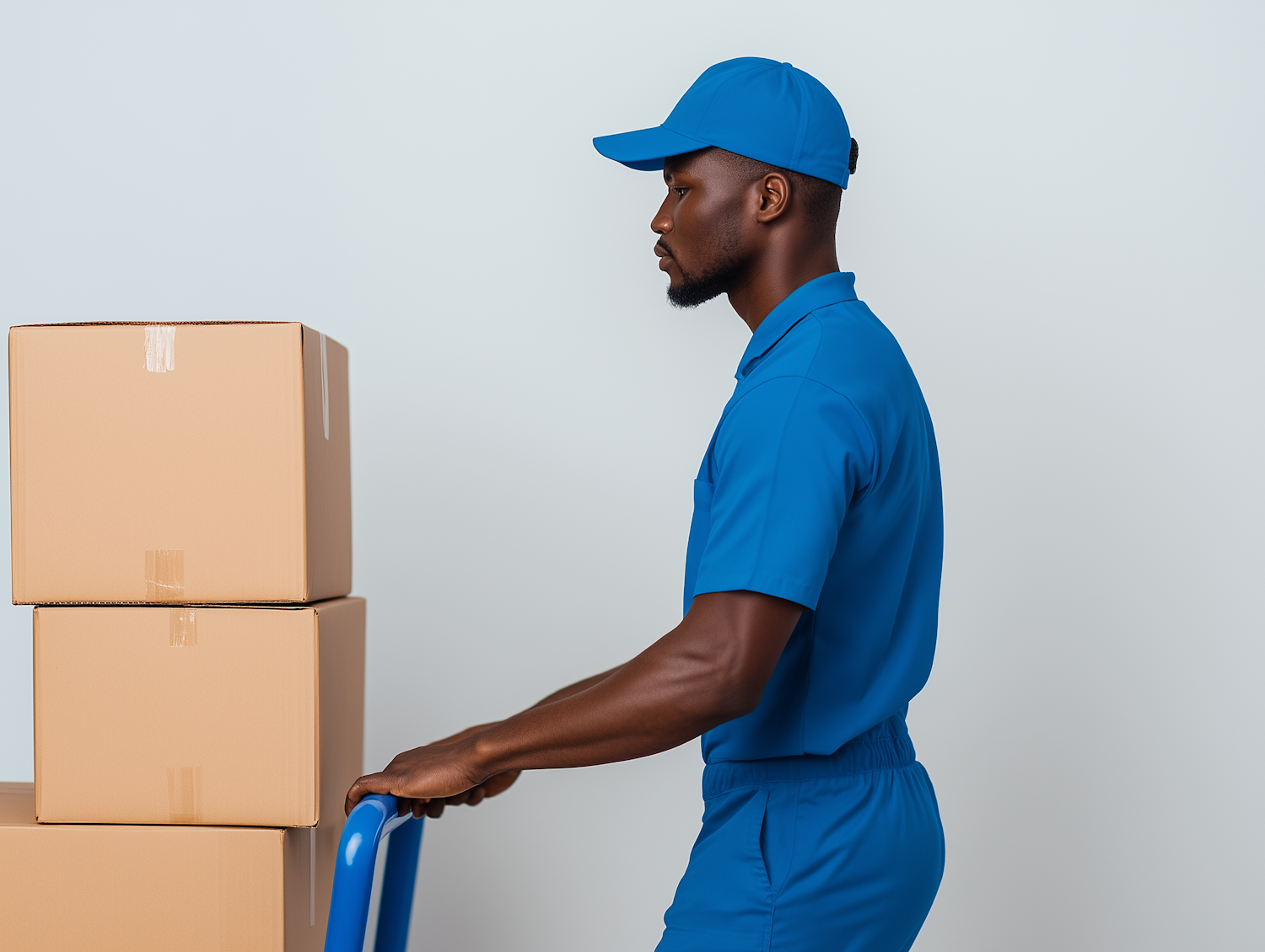 ProFix Transport crew member moving stacked boxes with a hand truck